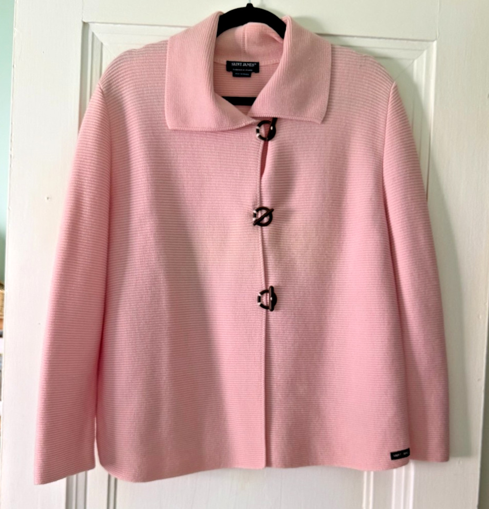 Saint James Pale Pink Wool Blend Ribbed Cardigan w/ Leather Toggle Buttons